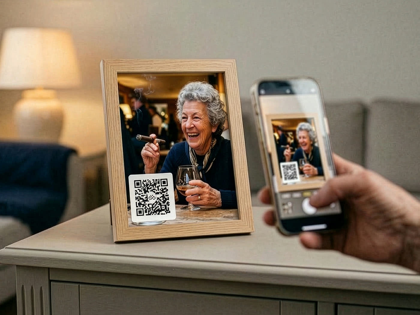 Iemand scant met een telefoon de QR-code in een fotolijstje met een portret