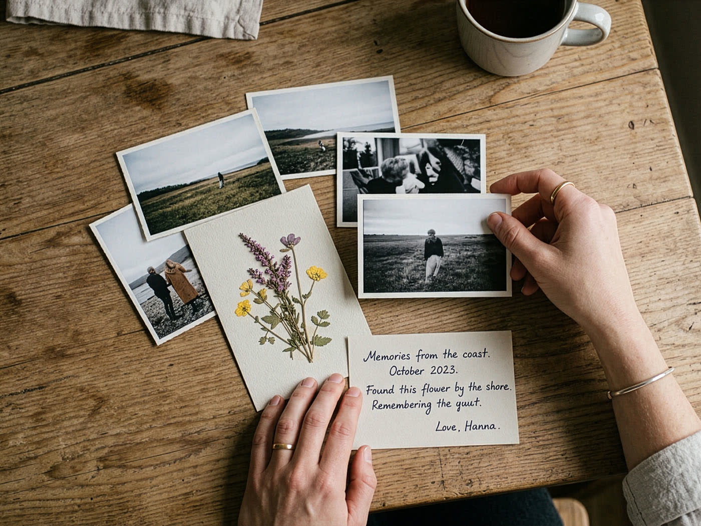 Handen die oude foto's, een gedroogde bloem en een handgeschreven kaartje ordenen