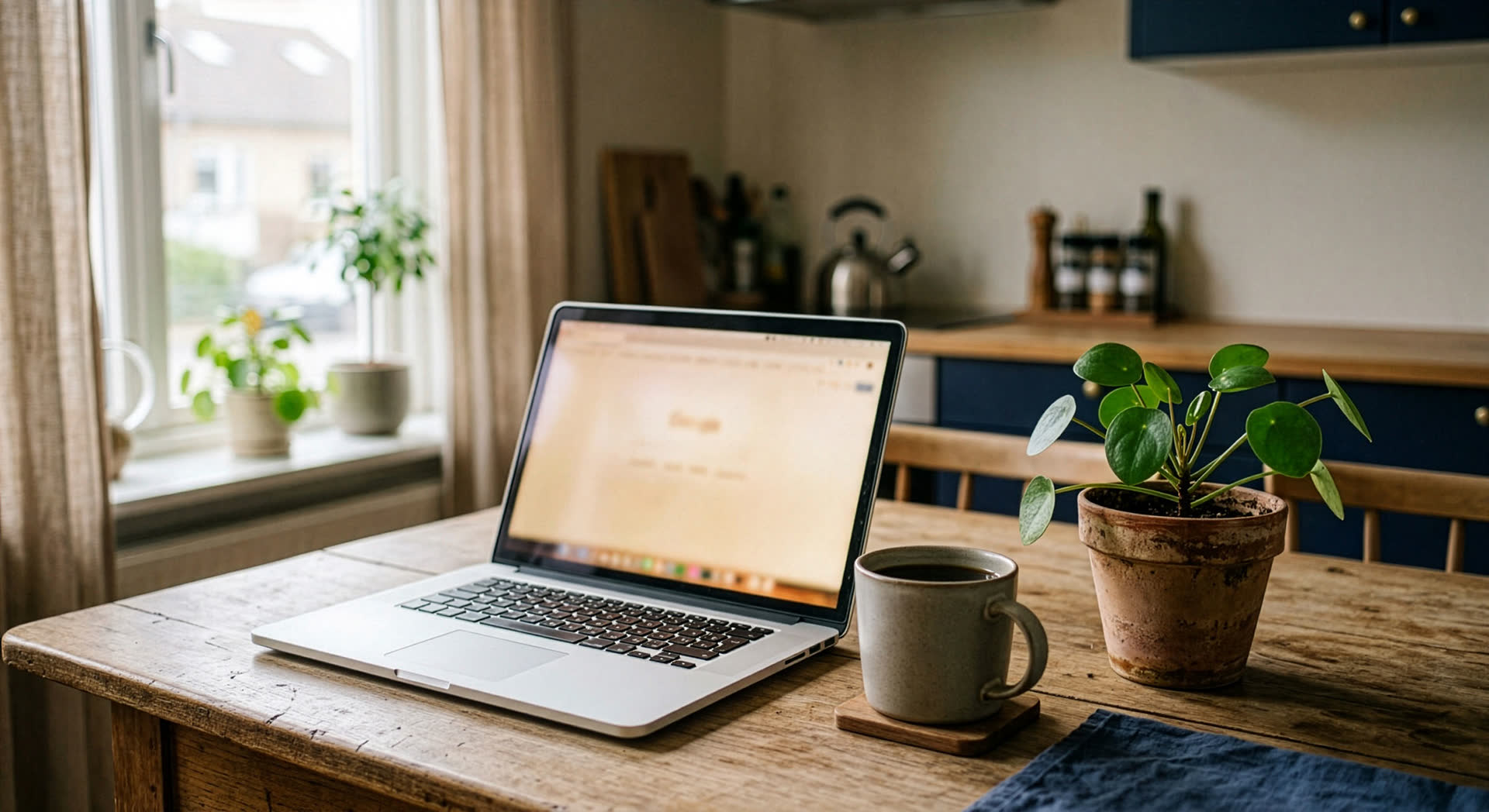 Laptop op een keukentafel met een kop koffie en een plant