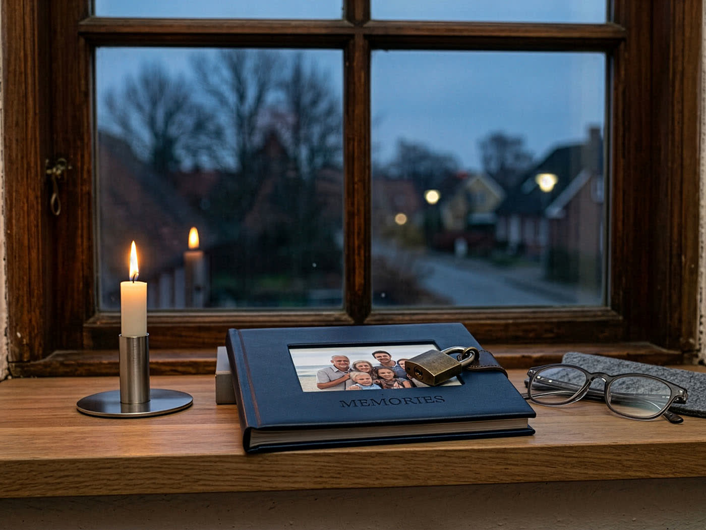Fotoalbum, leesbril en brandende kaars op een vensterbank in de avond