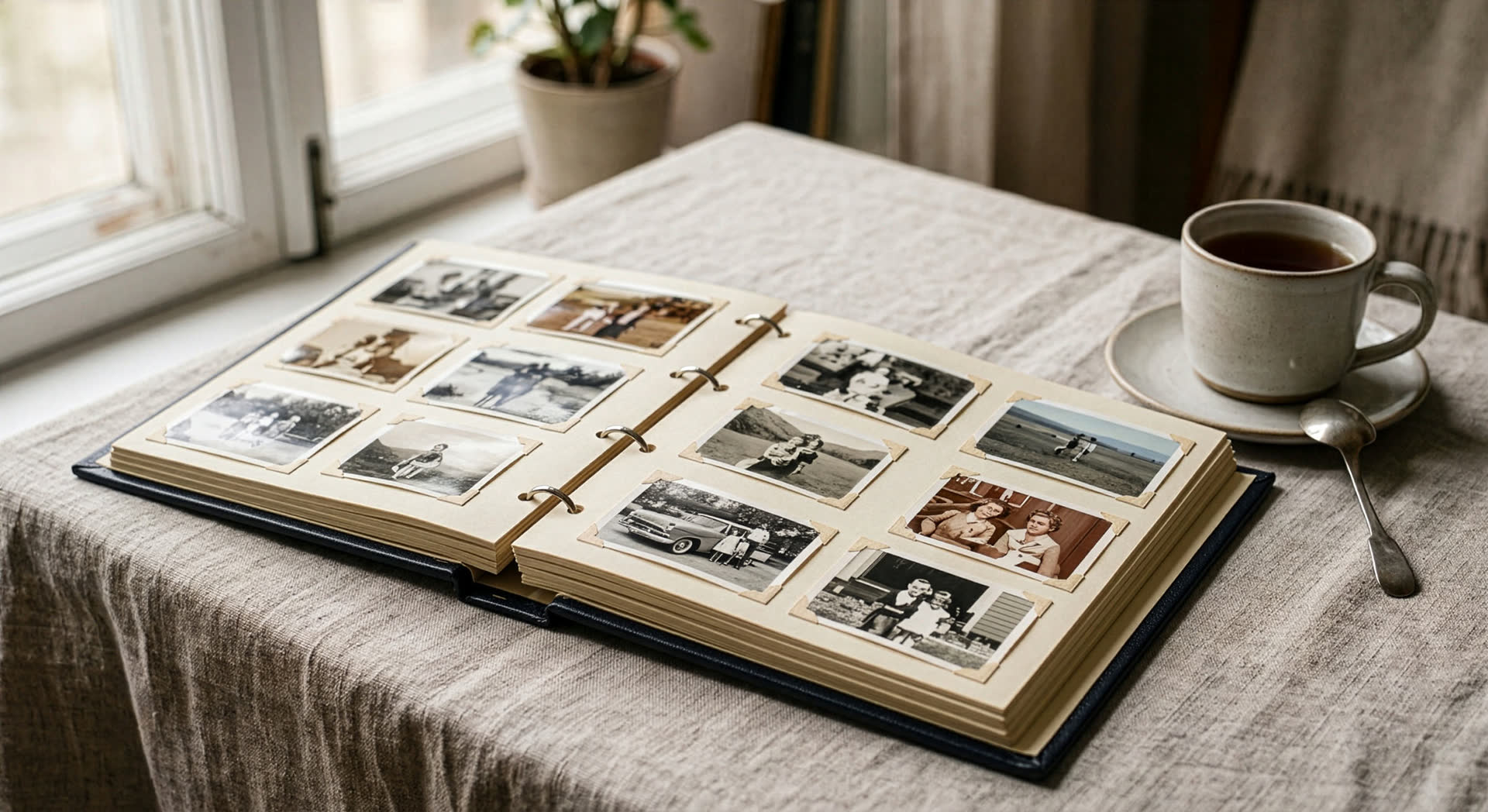 Opengeslagen fotoalbum met oude familiefoto's naast een kop thee