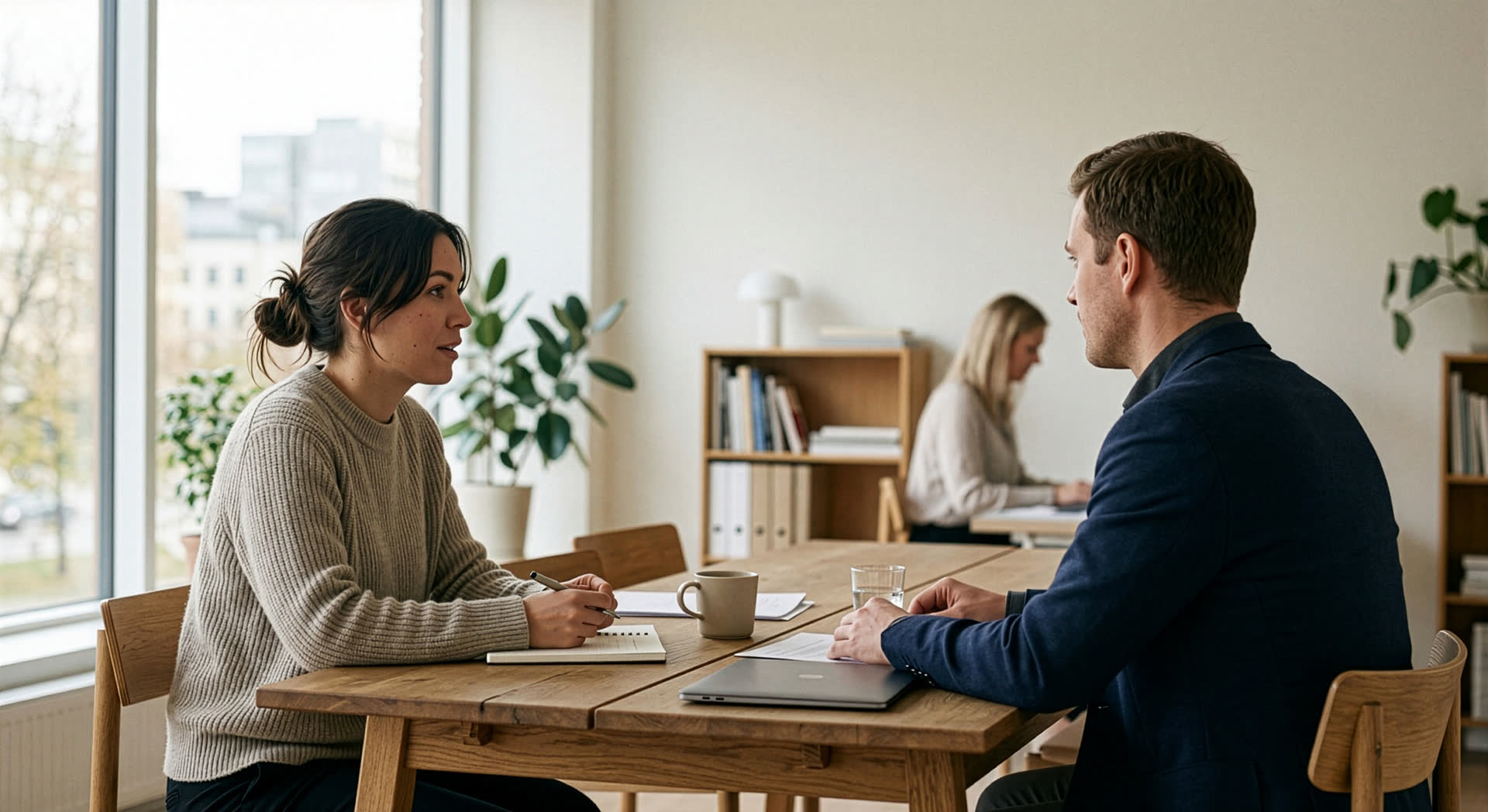 Twee mensen in gesprek aan een tafel