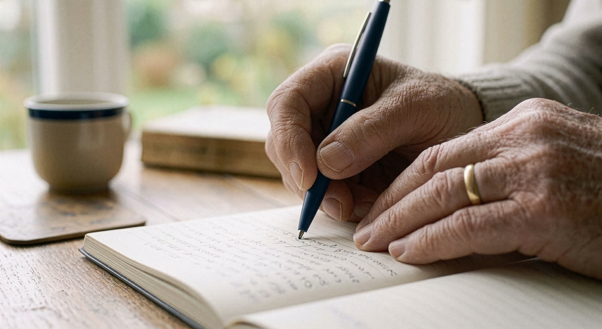 Een oudere hand die met een vulpen in een notitieboek schrijft